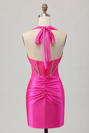Fuchsia Halter Satin Bodycon Homecoming Dress with Rhinestones